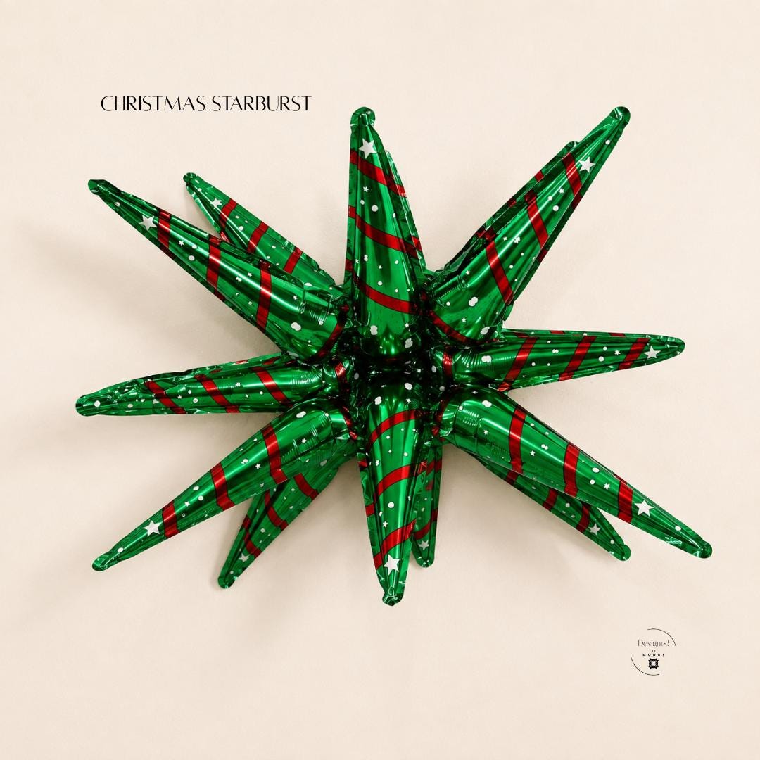 Metallic green Christmas starburst Mylar balloon featuring red diagonal stripes, white star accents and a dimensional pointed shape. Festive Christmas foil balloon for holiday balloon garlands, Christmas party decorations, traditional red and green Christmas themes, holiday balloon arches, winter birthday celebrations, classroom Christmas parties, office holiday displays and Christmas photo backdrops.