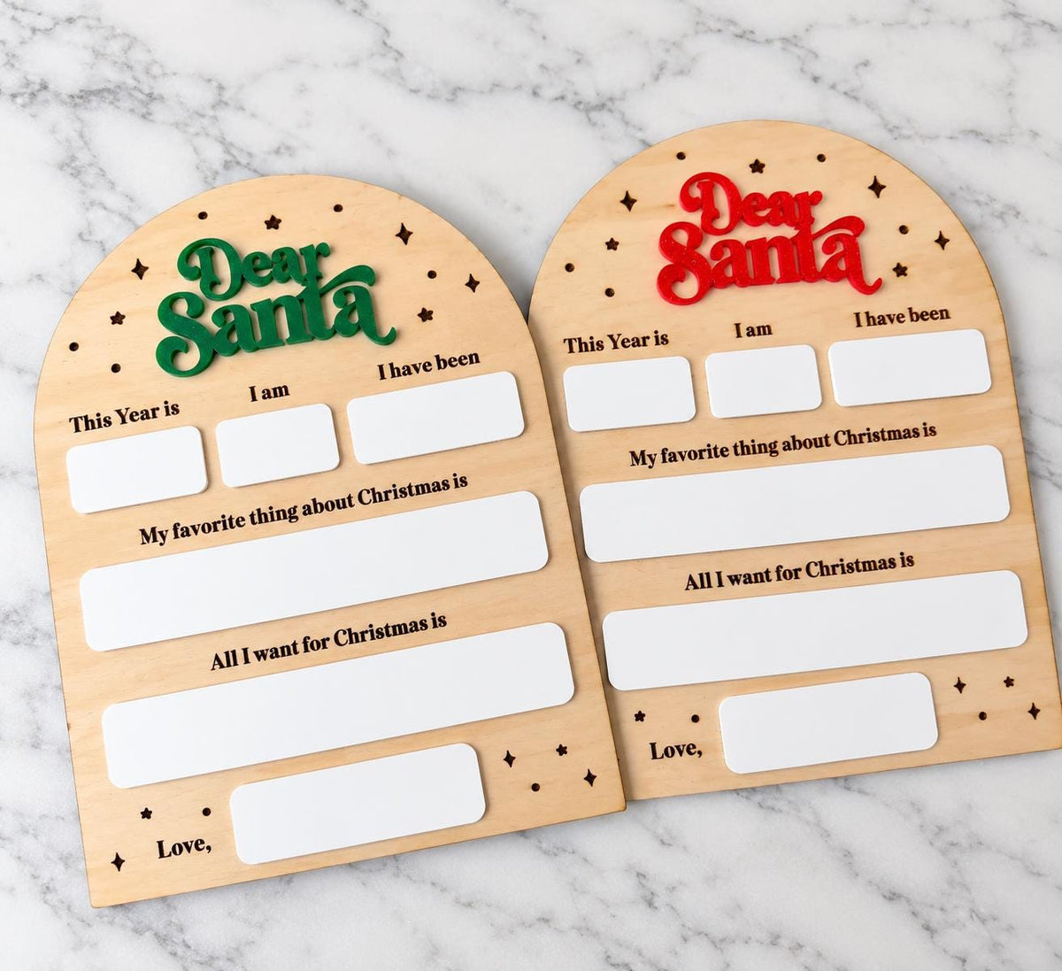 Christmas wish list board for kids featuring Dear Santa lettering, festive holiday decorations and organized writing spaces for Christmas wishes and gift ideas. Fun screen free Christmas activity for children, holiday stocking stuffer, Christmas Eve box gift, classroom Christmas craft, Santa letter writing tradition and family holiday activity. Festive Christmas list board for kids to share their favorite things and Christmas wishes.