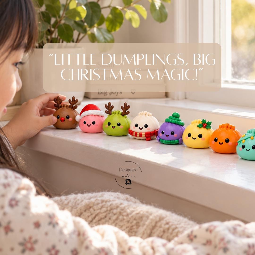 Christmas advent calendar gift set featuring 24 miniature colorful squishy characters with cheerful faces and festive designs, paired with a personalized 25 pocket hanging fabric Christmas calendar. Custom child's name, five font styles and red green or pink red color choices. Fun kids Christmas countdown for ages 5 and older, personalized holiday gift, reusable advent calendar, sensory play toy set and festive Christmas bedroom decoration.